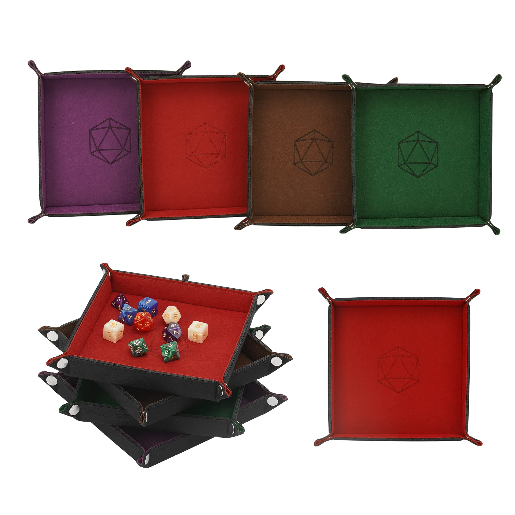 KISLANE Dice Tray 4 Pieces Folding Dice Tray, Felt Dice Tray Holder for DND, RPG, MTG and Other Board Games (Violet, Coffee, Green and Red)