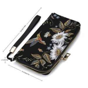 Donnapink Humming Bird and White Chamomile Flower Embroidery on Black Soft PU Leather Clutch Long Bifold Wallet, Coin Purse Credit Pass Case, Unisex Durable Card-Holder Slim Billfold Money Storage