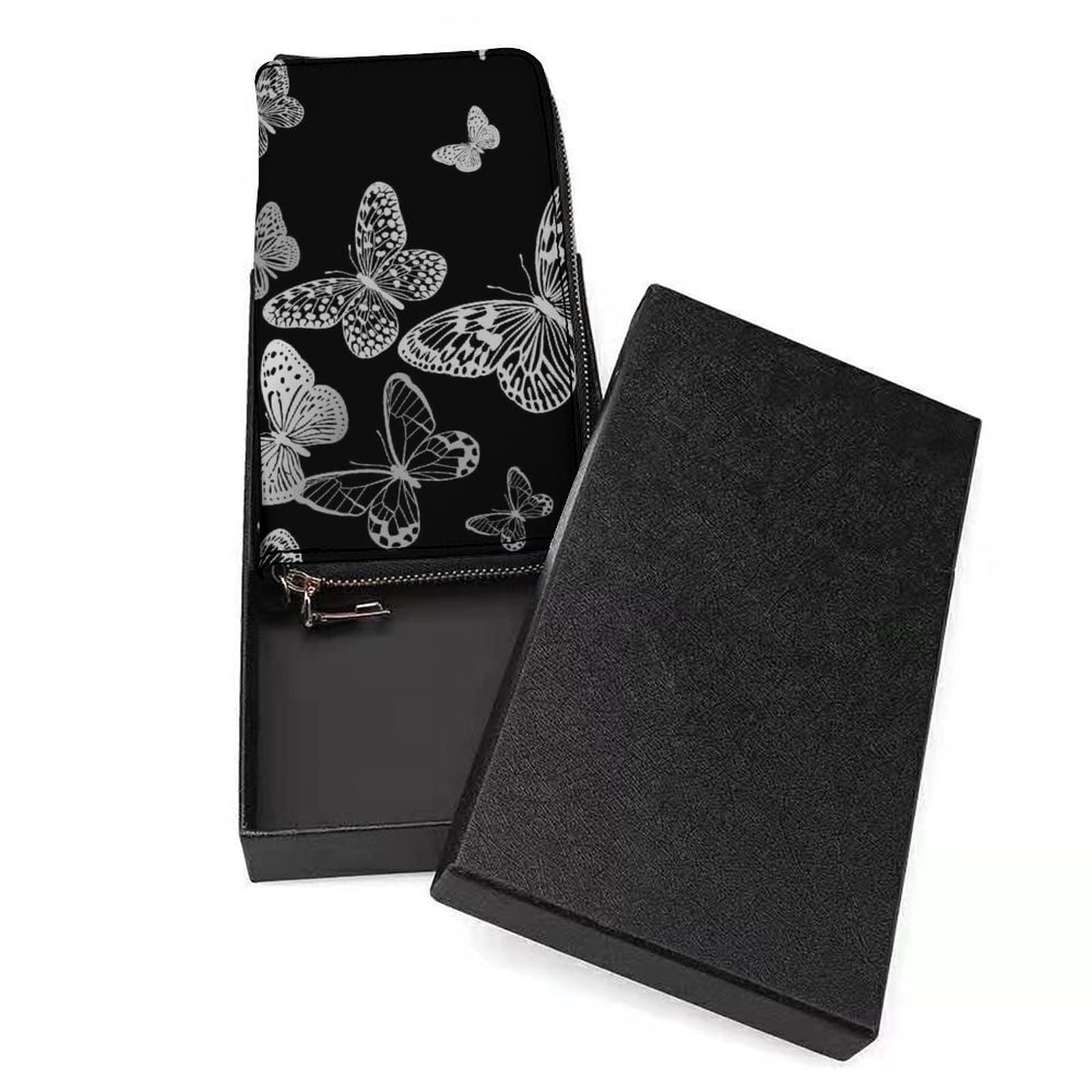 Silver White Flying Butterflies Luxury Gold Foil Butterfly on Black Soft PU Leather Clutch Long Bifold Wallet, Coin Purse Credit Pass Case, Unisex Durable Card-Holder Slim Billfold Money Storage