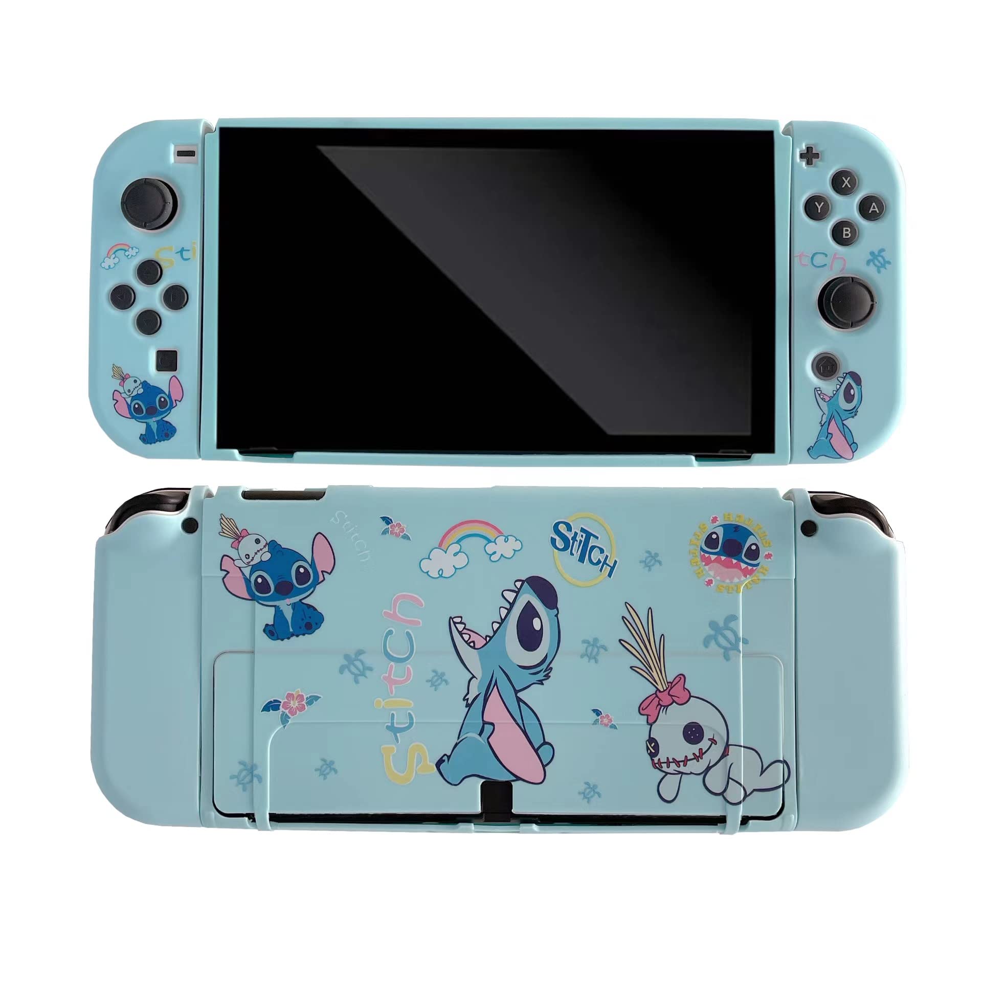 Cute Stitch Case Compatible with Nintendo Switch OLED, Dockable Case Cover, Ergonomic Soft TPU Grip Case for Joycon, Sparkle Skin Set