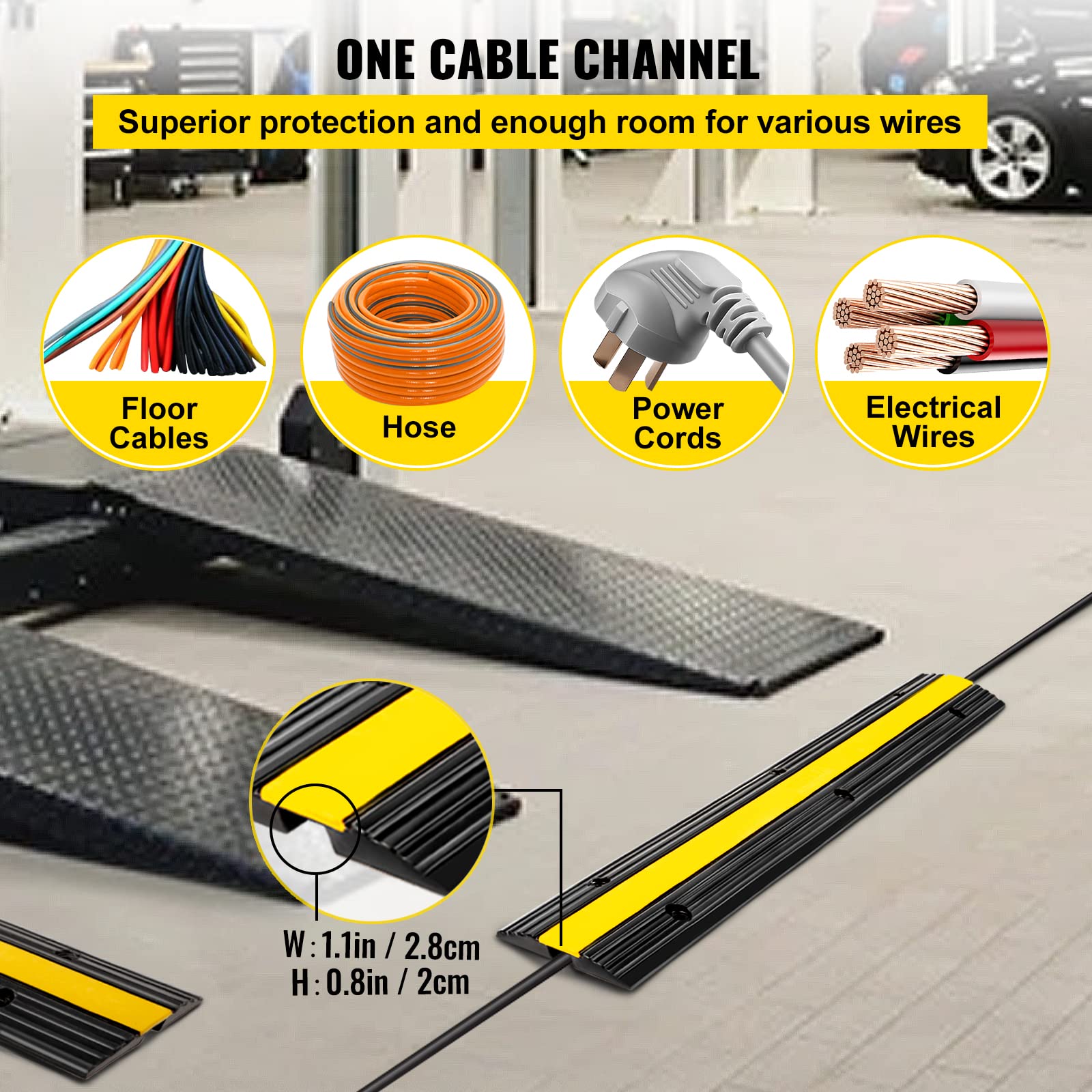 VEVOR Cable Protector Ramp, 4 Packs 1 Channel Speed Bump Hump, Heavy Duty Rubber Modular Rated 18000 LBS Load Capacity Protective Wire Cord Driveway Traffic, Black