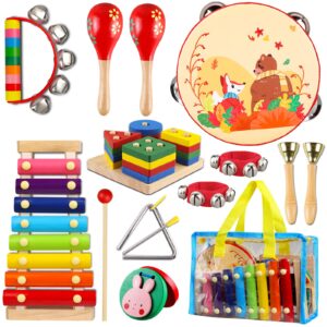 looikoos kids musical instruments for toddlers,baby musical toys for toddlers,wooden percussion instruments toys tambourine xylophone for kids