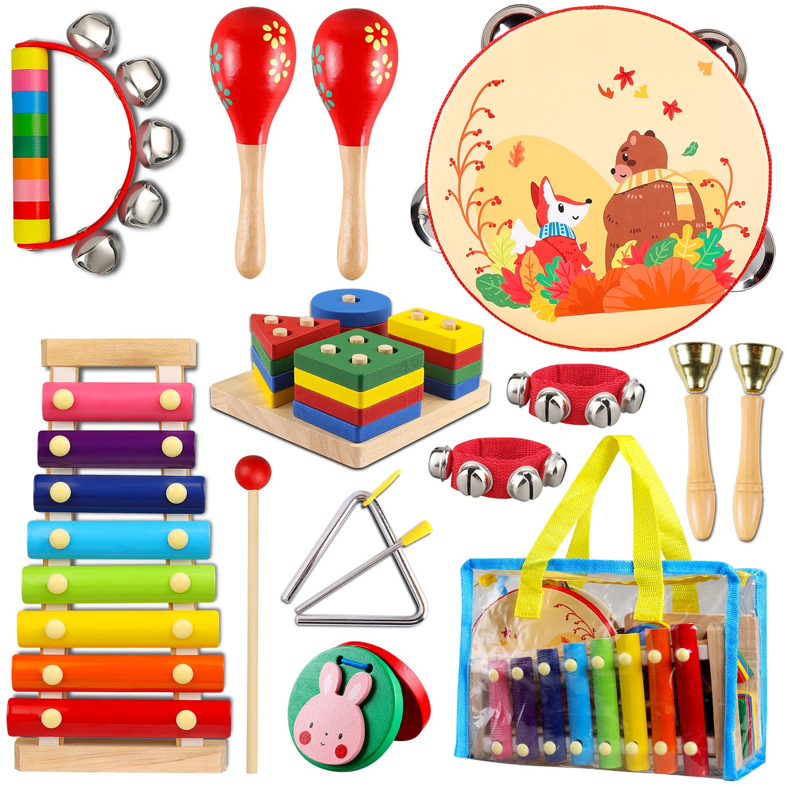 LOOIKOOS Kids Musical Instruments for Toddlers,Baby Musical Toys for Toddlers,Wooden Percussion Instruments Toys Tambourine Xylophone for Kids