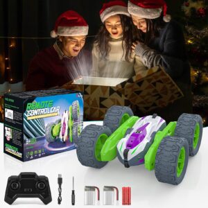 Remote Control Car for Boys 4-7, Rc Cars 2.4GHz 4WD Double Sided 360 Rotating with Sharp Dual-Color Headlights, Rc Stunt Car Birthday Xmas Gift for Boys Girls Kids 3 4 5 6 7 8-12 Years Old-Green