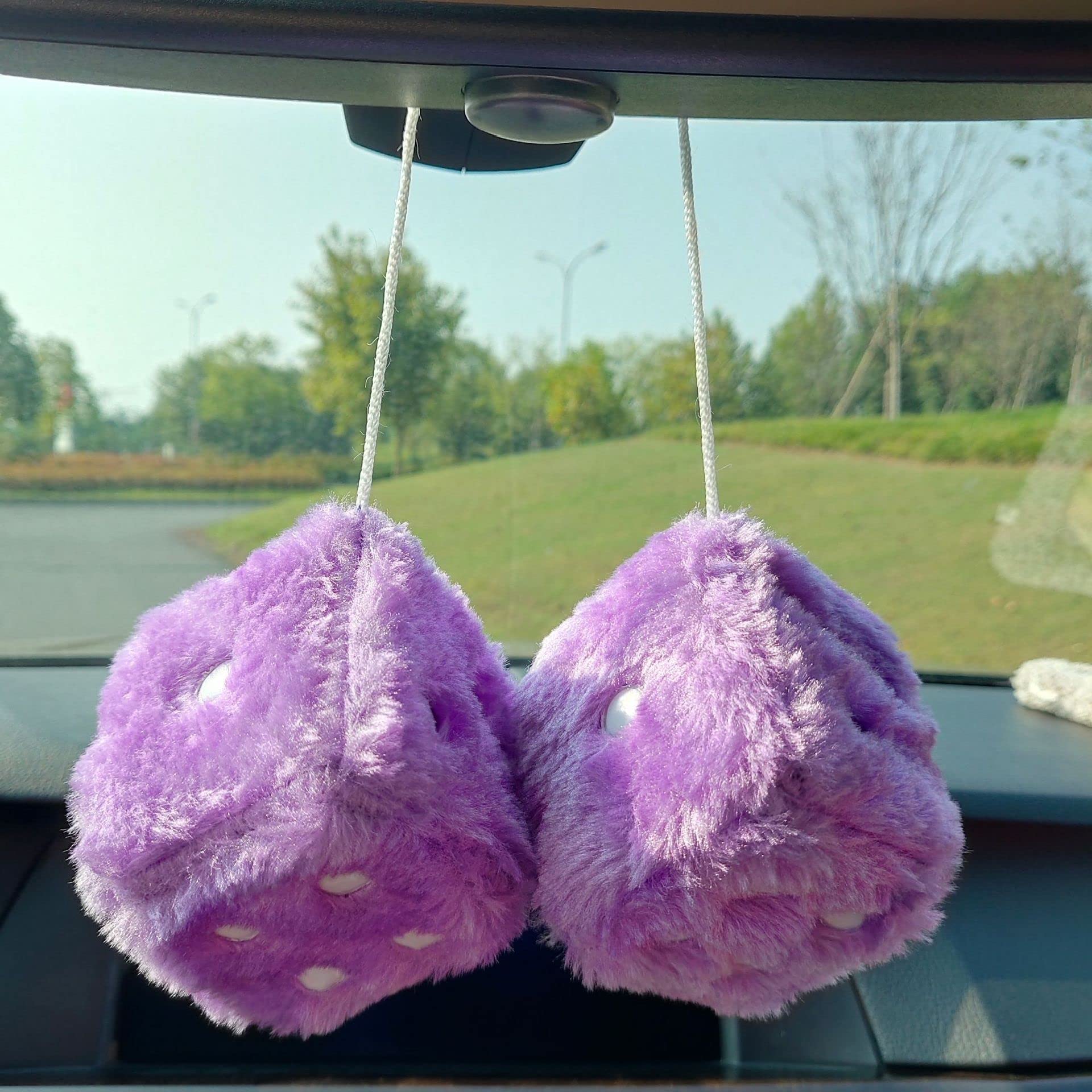 Pair 3” Purple with White Dots Mirror Fuzzy Plush Dice, Purple and White Soft Plush Car Decorative Hanging Ornament.