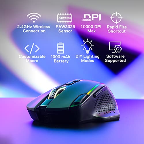 Redragon M810 Pro Wireless Gaming Mouse, 10000 DPI Wired/Wireless Gamer Mouse w/Rapid Fire Key, 8 Macro Buttons, 45-Hour Reliable Power Capacity and RGB Backlit for PC/Mac/Laptop