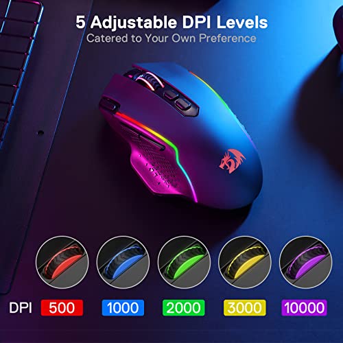 Redragon M810 Pro Wireless Gaming Mouse, 10000 DPI Wired/Wireless Gamer Mouse w/Rapid Fire Key, 8 Macro Buttons, 45-Hour Reliable Power Capacity and RGB Backlit for PC/Mac/Laptop