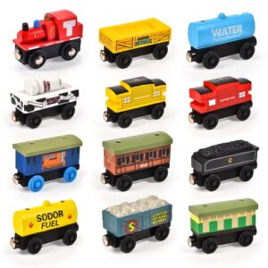 atoylink 12pcs wooden train set magnetic train toys for toddlers kids engine vehicles toy train cars for boys girls compatible with train tracks