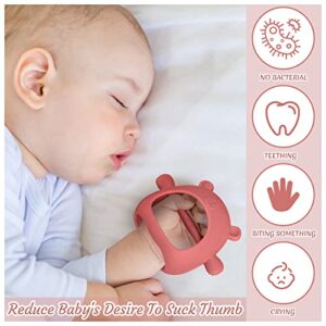 Chumia 3 Pack Baby Teether Teething Toys for Babies 0-6 Months Baby Teething Toy Silicone Anti Dropping Infant Hand Teether Pacifiers Wrist Hand Chew Toys for Sucking Needs (Caramel, Red, Pink)