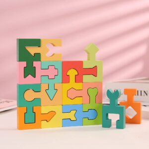 Wooden Shapes Puzzles Blocks Geometric Brain Teaser Montessori Toys Jigsaw 3D Logic IQ Game Shape Sorter Preschool STEM Educational Learning Gift for 3 4 5 6 Year Old Toddlers Kids Boys Girls