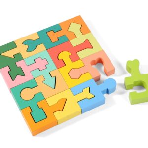 Wooden Shapes Puzzles Blocks Geometric Brain Teaser Montessori Toys Jigsaw 3D Logic IQ Game Shape Sorter Preschool STEM Educational Learning Gift for 3 4 5 6 Year Old Toddlers Kids Boys Girls