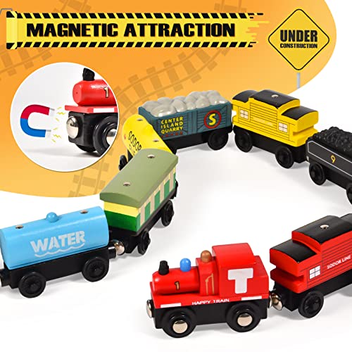 Atoylink 12Pcs Wooden Train Set Magnetic Train Toys for Toddlers Kids Engine Vehicles Toy Train Cars for Boys Girls Compatible with Train Tracks