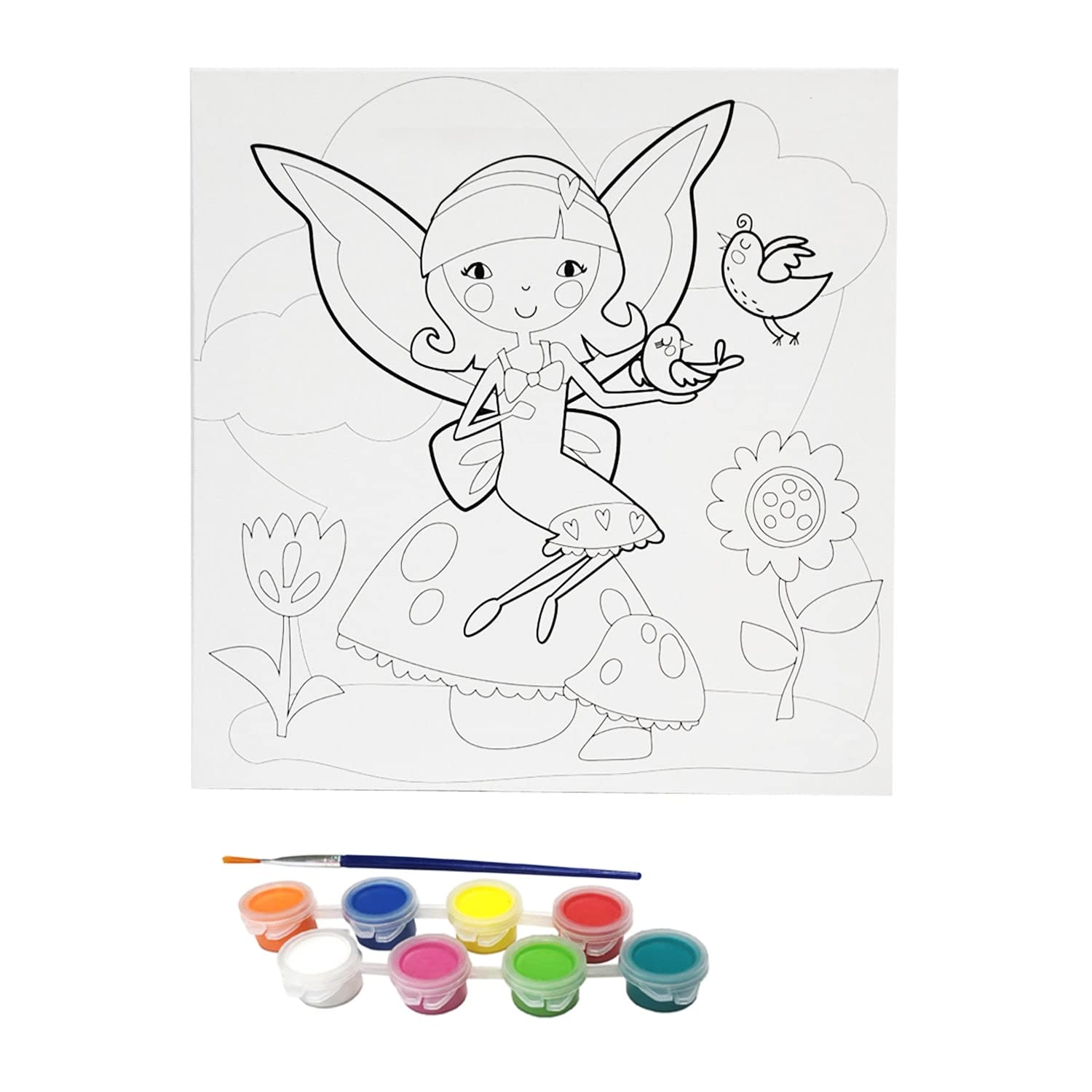 Misco Toys Canvas Paint Party Kits, 11 Piece Art kit Pre-Drawn Outline Canvas for Paint and Sip 8 Colors and Brush Included, Great Gift for Kids 4+ and Adults Too! (Fairy)