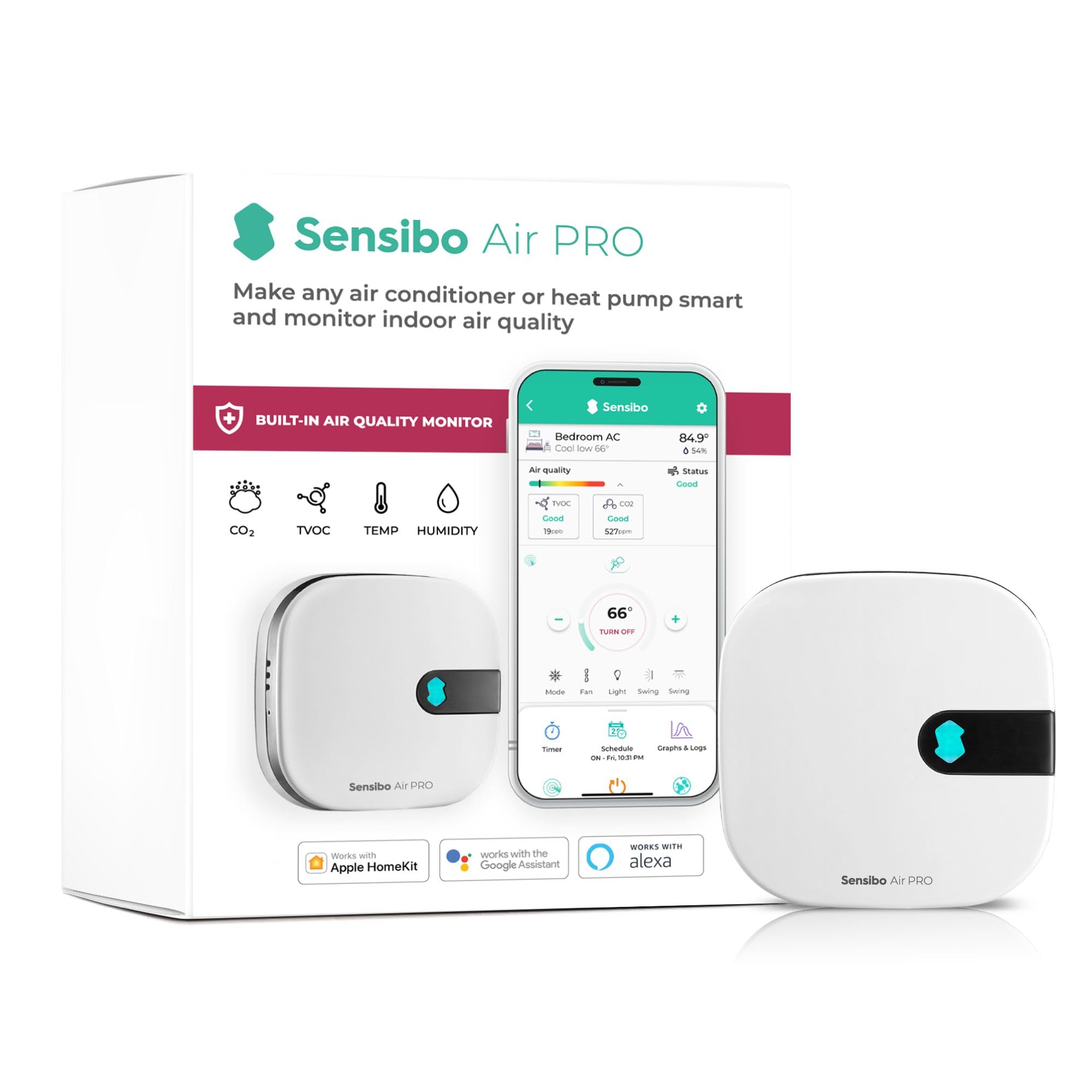 Sensibo Air PRO - Air Conditioner Smart Controller & Air Quality Sensor. Smart Thermostat for Mini Split, Window, Portable AC. Temp & Humidity Sensors. Google, Alexa, Siri & Apple HomeKit Compatible