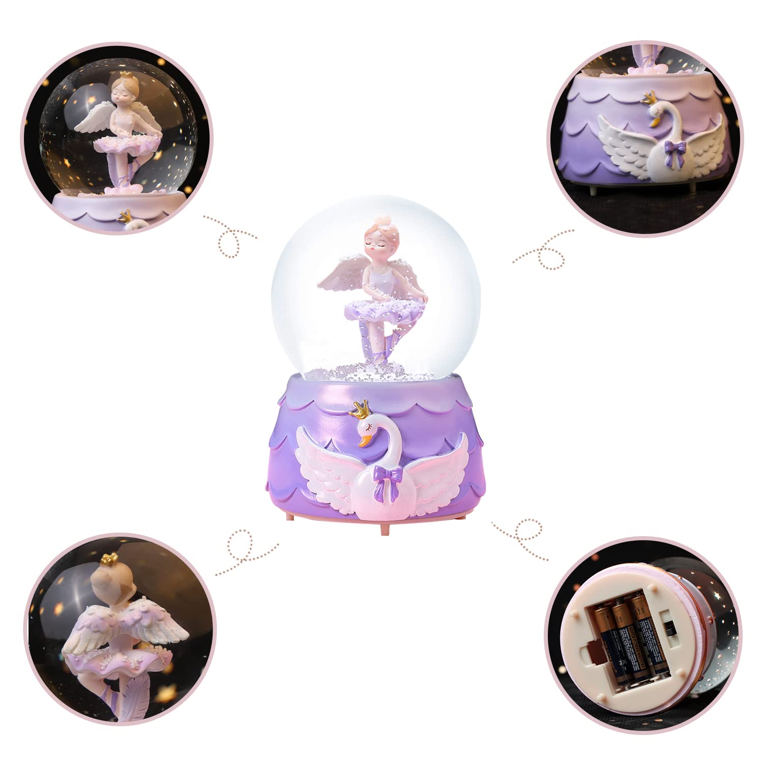 Ballerina Girl Swan Lake Musical Snow Globe, 80MM Glass Snowglobe Ballet Dancer Music Box with Colorful Lights for Girls Kids Daughter Granddaughter(Purple)