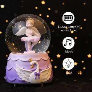 Ballerina Girl Swan Lake Musical Snow Globe, 80MM Glass Snowglobe Ballet Dancer Music Box with Colorful Lights for Girls Kids Daughter Granddaughter(Purple)