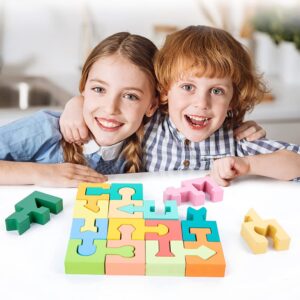 Wooden Shapes Puzzles Blocks Geometric Brain Teaser Montessori Toys Jigsaw 3D Logic IQ Game Shape Sorter Preschool STEM Educational Learning Gift for 3 4 5 6 Year Old Toddlers Kids Boys Girls