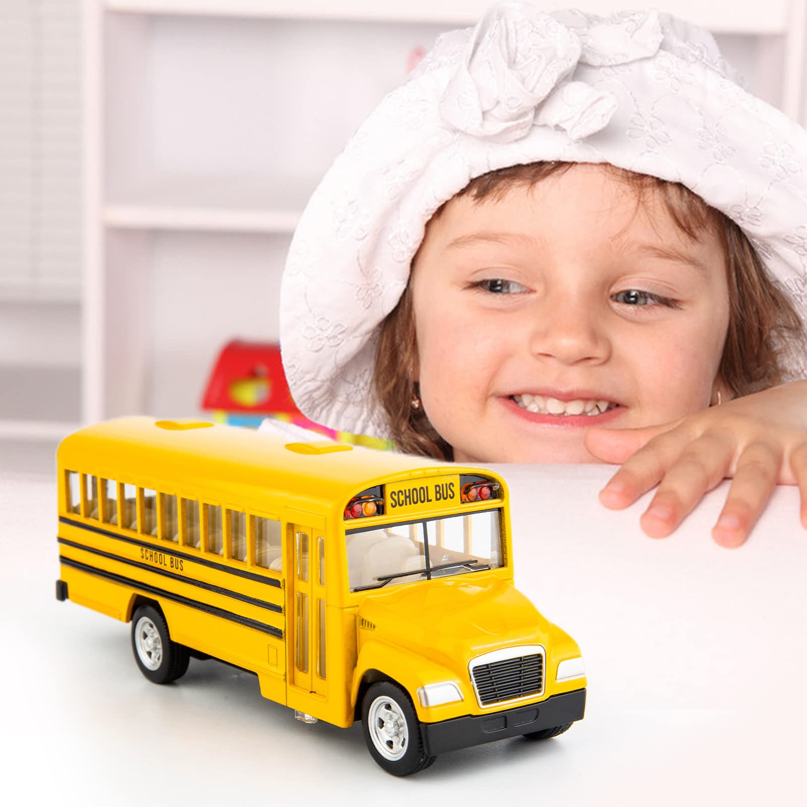 BDTCTK Diecast Yellow School Bus Toy Cars for Kids - 5 Inch Pull Back Car with Opening Doors and Rubber Tires