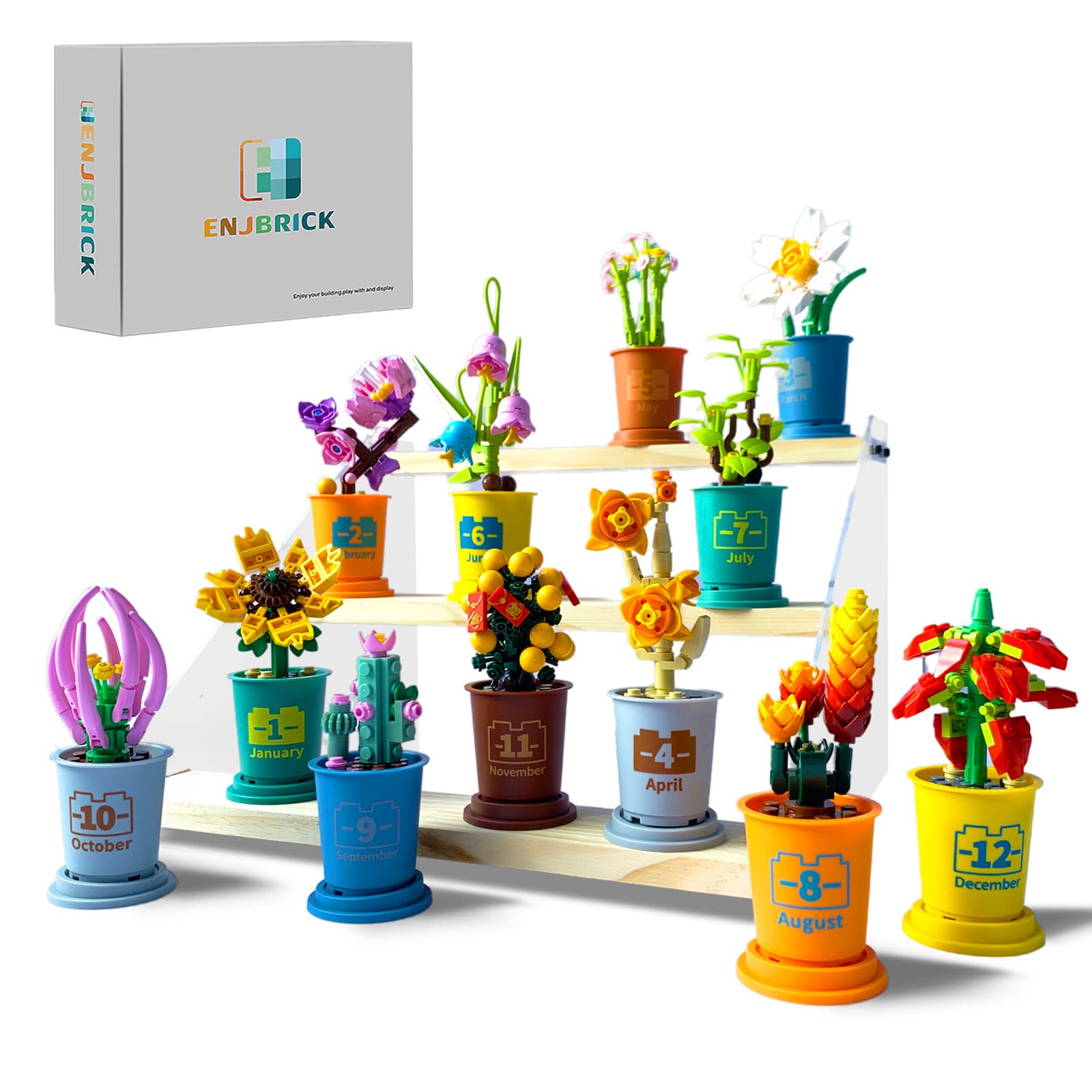 ENJBRICK Flowers Tiny Plants Building Set for Adults,Botanical Collection, Creative Building Sets for Kids 12 Packs