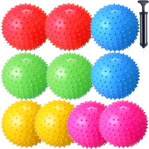 10 packs knobby balls 9 inches sensory balls fun bouncy balls spiky toy balls inflatable outdoor ball rubber massage stress balls with hand air pump for party favors stocking stuffers, 5 colors