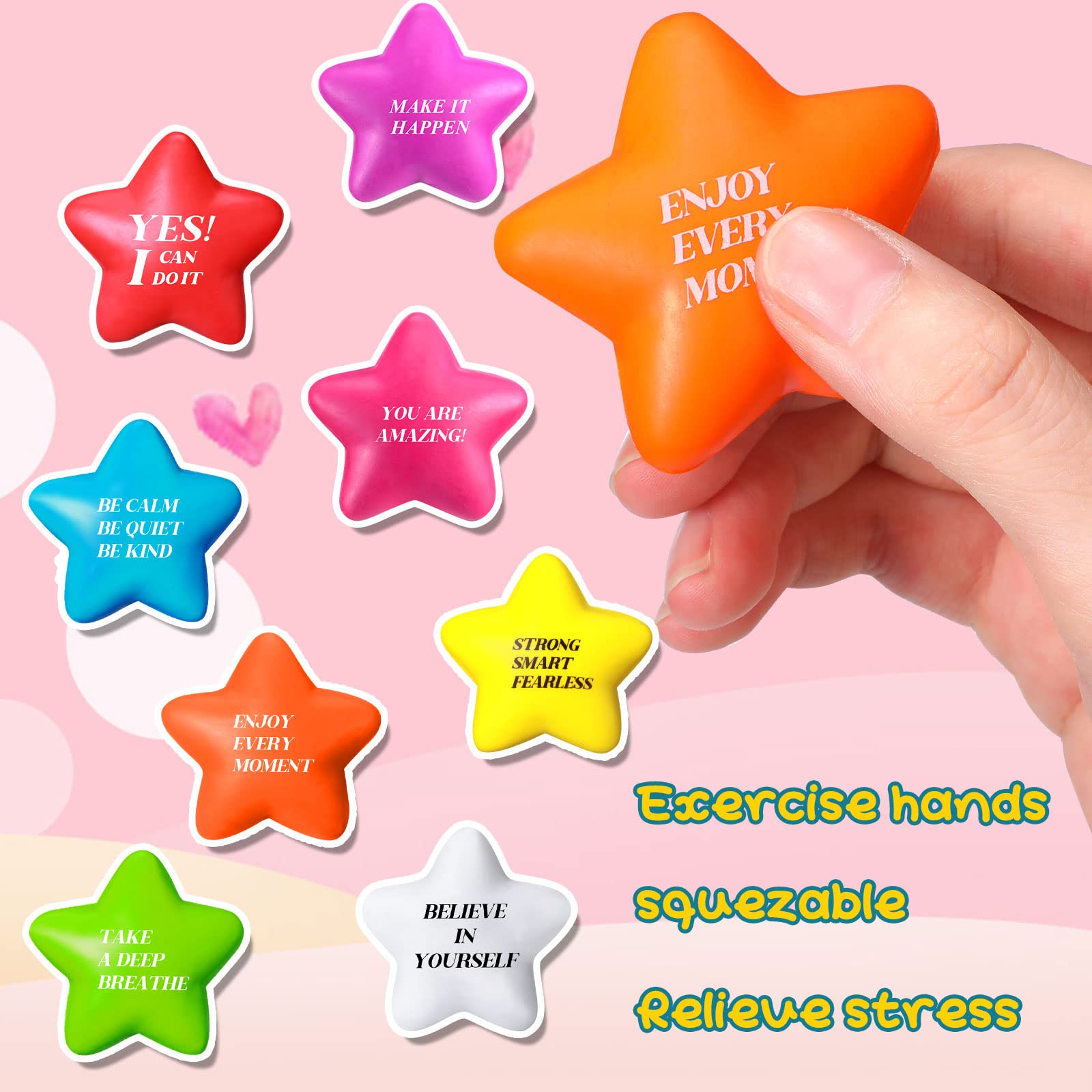 Motivational Stress Balls Quote Relief Ball Colorful Inspirational Foam Star Hand Exercise Toy Relieve Anxiety for Adults Girls Boys Party Favors(48 Pcs)