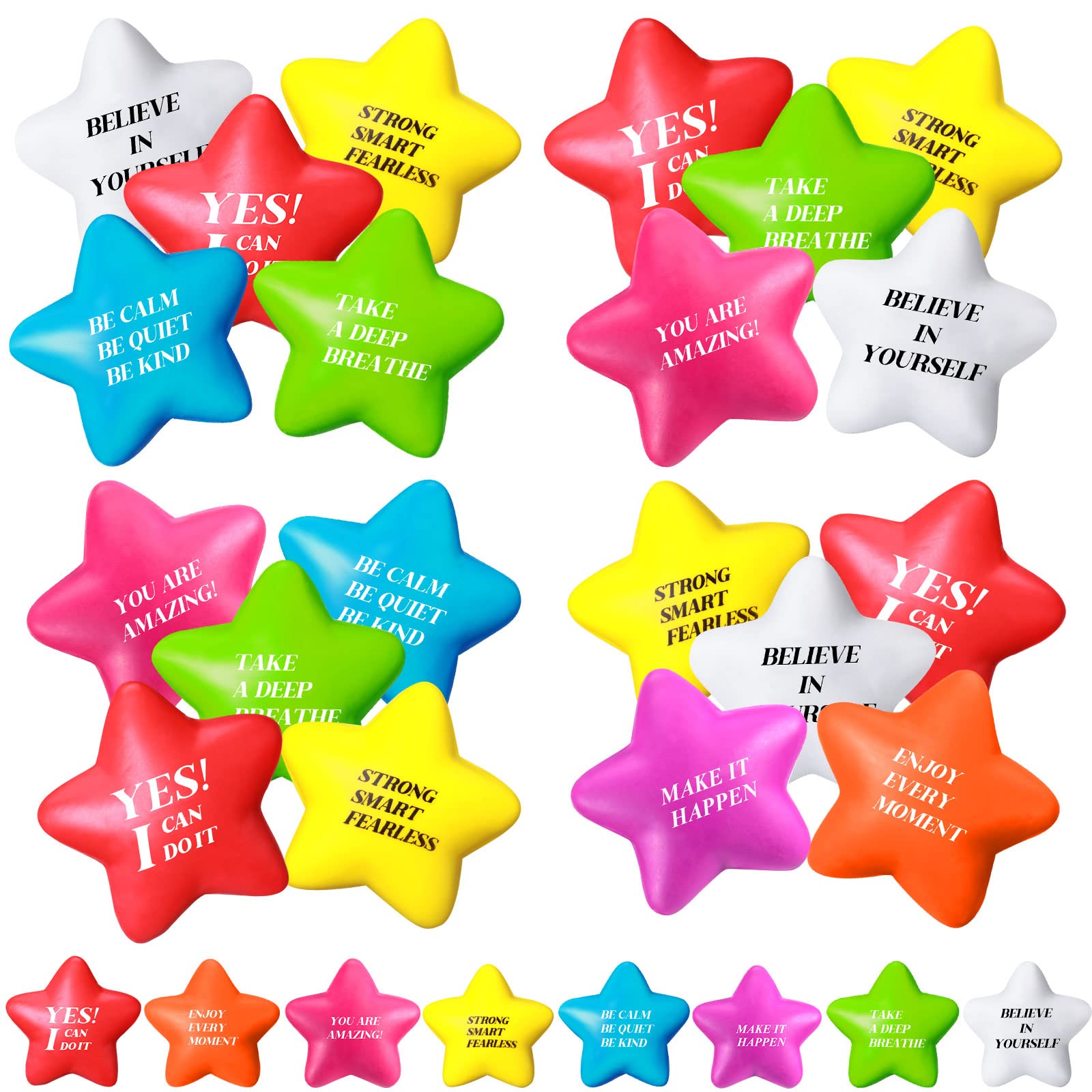 Motivational Stress Balls Quote Relief Ball Colorful Inspirational Foam Star Hand Exercise Toy Relieve Anxiety for Adults Girls Boys Party Favors(48 Pcs)