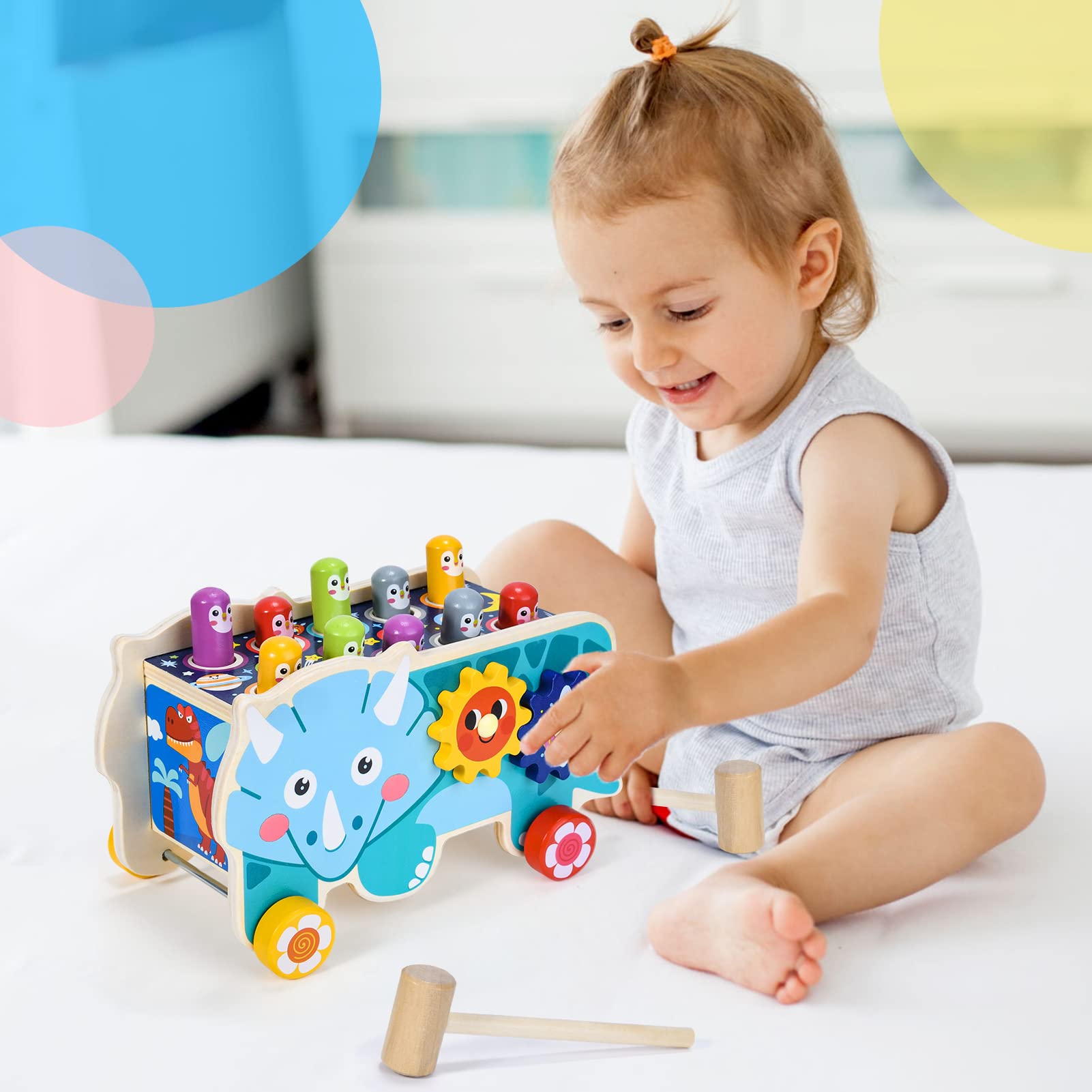 Atoylink Montessori Toys for 1+ Year Old Toddler Hammering Pounding Wooden Toys Dinosaur Pounding Bench Developmental Educational Toys for Baby Boys Girls Xmas