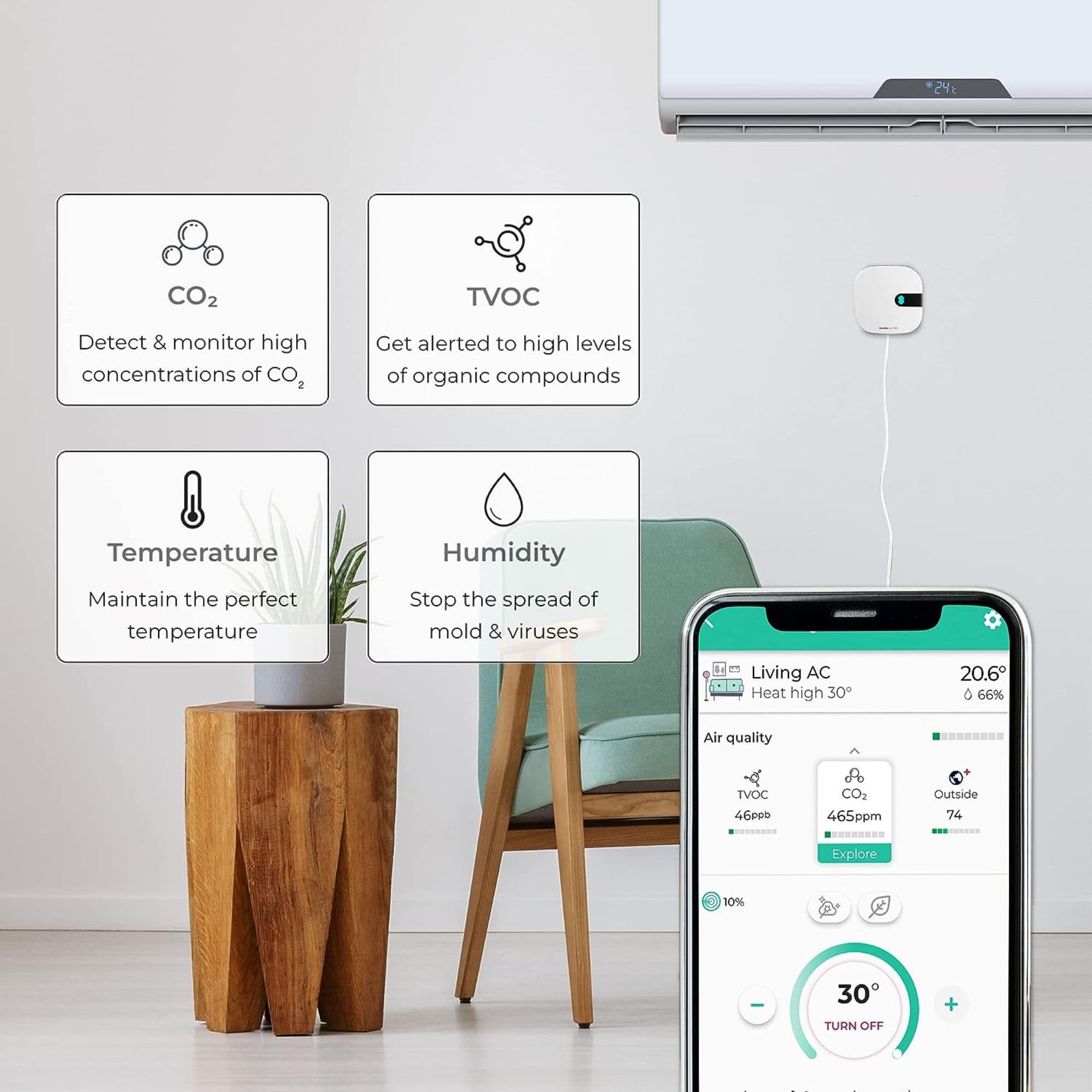 Sensibo Air PRO - Air Conditioner Smart Controller & Air Quality Sensor. Smart Thermostat for Mini Split, Window, Portable AC. Temp & Humidity Sensors. Google, Alexa, Siri & Apple HomeKit Compatible