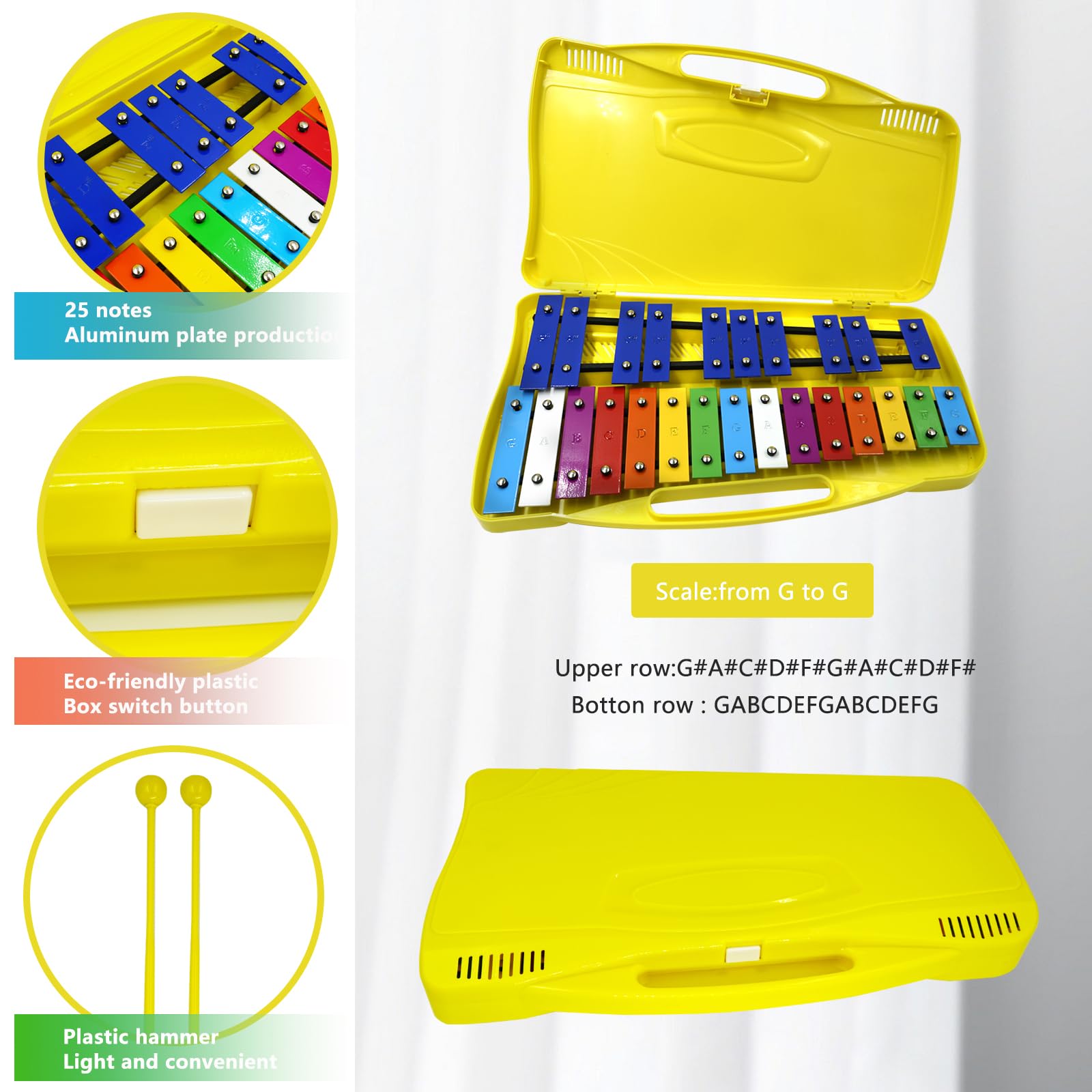 Soulmate Xylophone Instrument 25 Notes Glockenspiel Xylophone for kids Musical Toy Metal Keys,Professional Xylophone for Beginners, Music Teaching, Gifts (Yellow)