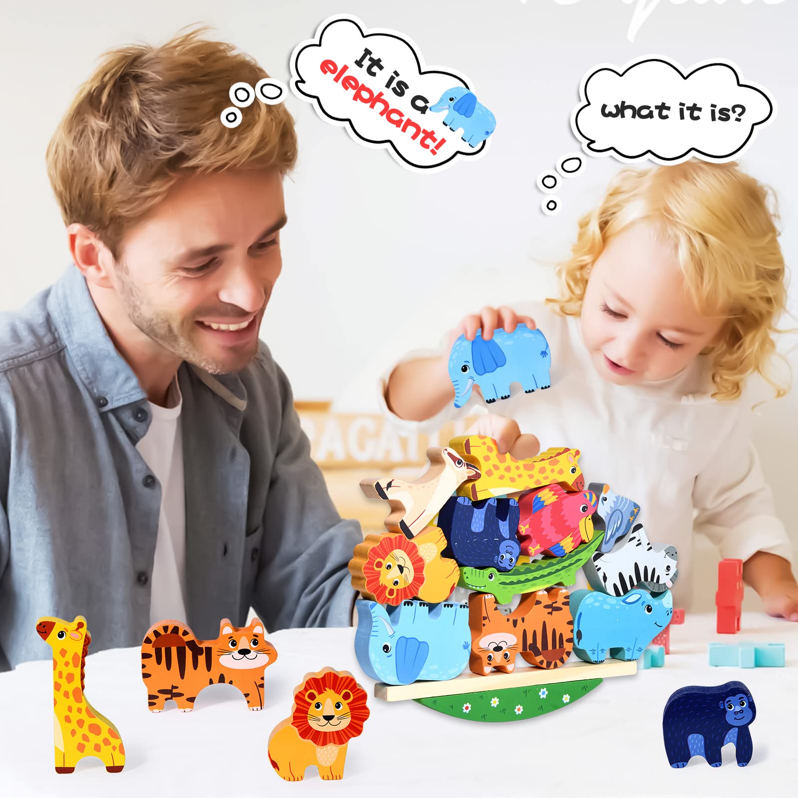 Atoylink Wooden Stacking Toys for Toddlers Cute Zoo Animals Stacking Blocks Balance Game Preschool Montessori Educational Toys for 2 3 4 5 Year Old Kids Boys Girls Gifts