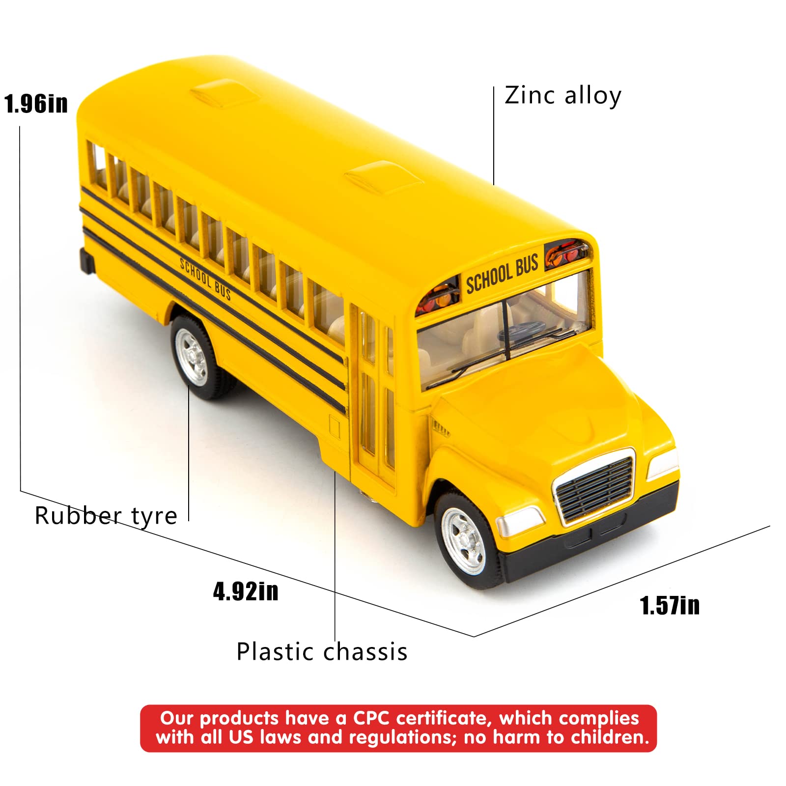 BDTCTK Diecast Yellow School Bus Toy Cars for Kids - 5 Inch Pull Back Car with Opening Doors and Rubber Tires