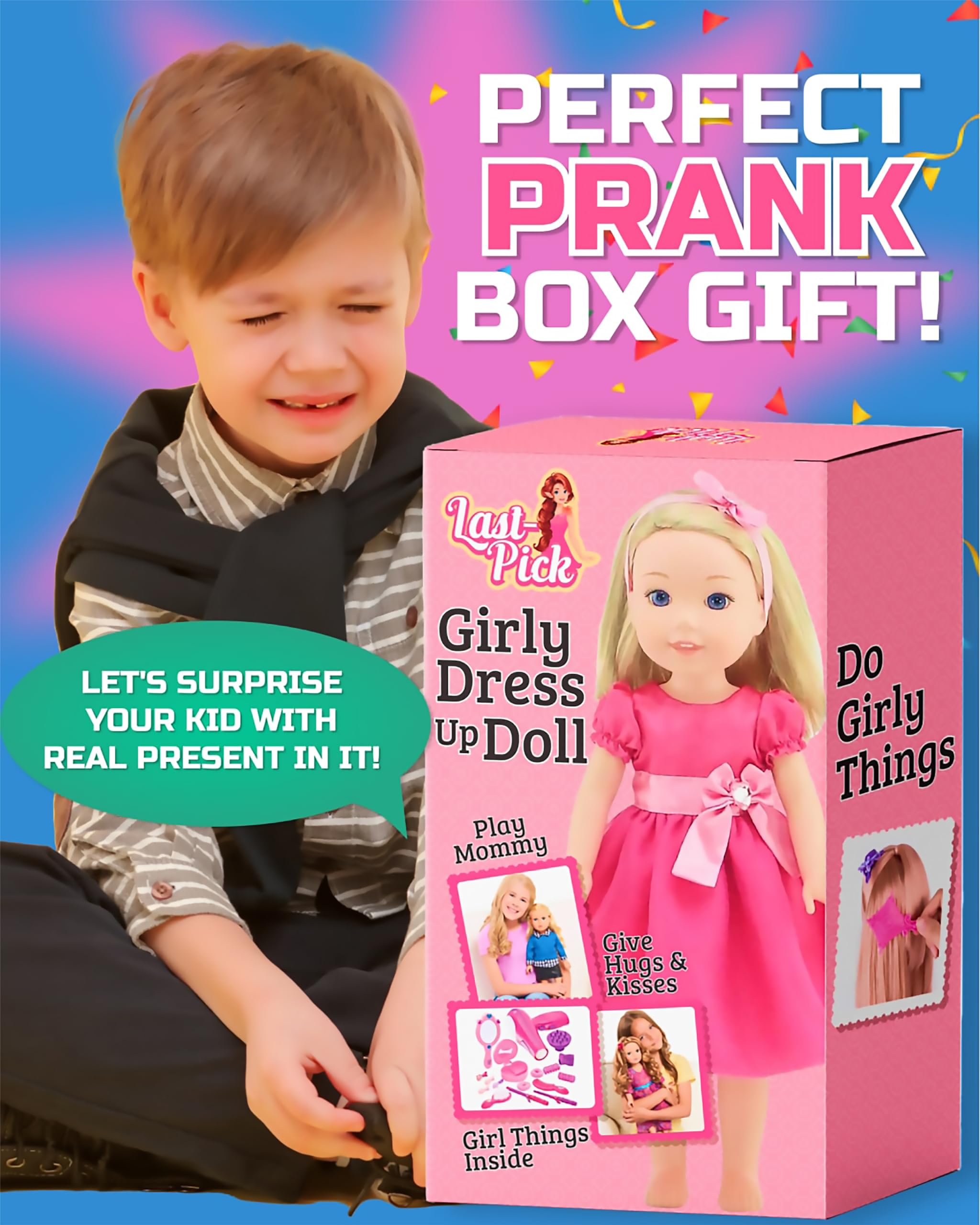 Skywin Prank Gift Box Sleeve - Fake Prank Box disguise Gift a Girly Dress-Up Doll for adults or kids - Novelty Gag Gift Box for Pranksters (Doll)