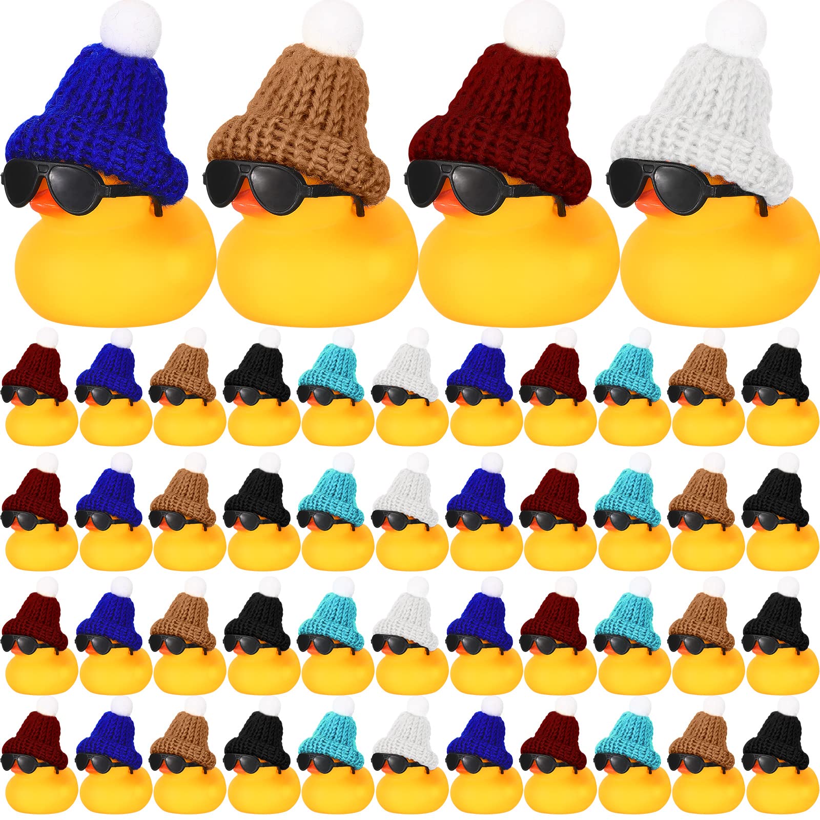 48 Pcs Mini Rubber Duck in Bulk with 48 Pcs Sunglasses and 48 Pcs Knitting Hats Sets, Duck Bath Rubber Ducky Bathtub Toys for Gift Cruise Birthday Baby Shower Party