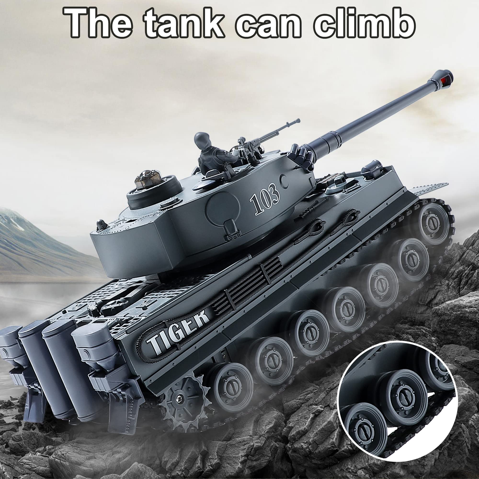 Remote Control Tank, RC WW2 German Tiger Army Tank Toy, 2.4Ghz 9-Channel RC Military Vehicles with Rotating Turret and Sounds, Best for 6 7 8 9 Boys Kids Xmas Military Toys