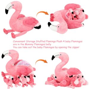 Qpewep 21Inch Flamingo Stuffed Animal Toys with 4 Babies Soft Plush Flamingo Inside Pink Plushie Machine Washable for Kids Birthday Toddlers Kids Zoo Flamingo Party Decor Easter Gift