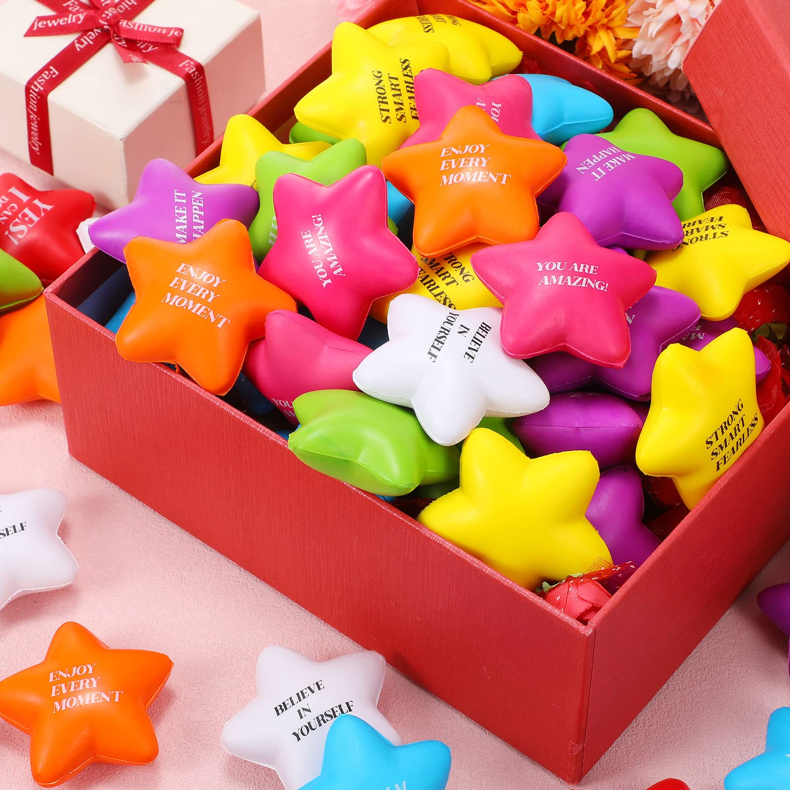 Motivational Stress Balls Quote Relief Ball Colorful Inspirational Foam Star Hand Exercise Toy Relieve Anxiety for Adults Girls Boys Party Favors(48 Pcs)