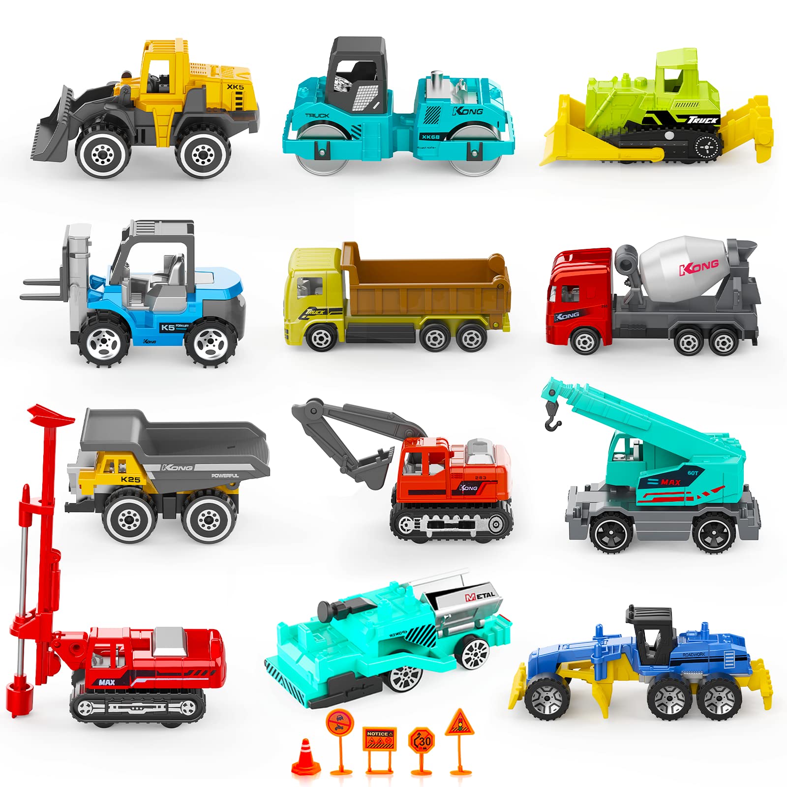 17 Metal Construction Vehicles Toys, Small Excavator Wheels Cars Mini Construction Trucks Toys for Boys Kids Toddlers Christmas Stocking Stuffers Cake Decorations Party Favors