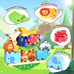 Atoylink Wooden Stacking Toys for Toddlers Cute Zoo Animals Stacking Blocks Balance Game Preschool Montessori Educational Toys for 2 3 4 5 Year Old Kids Boys Girls Gifts