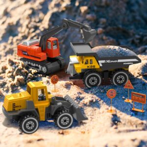 17 Metal Construction Vehicles Toys, Small Excavator Wheels Cars Mini Construction Trucks Toys for Boys Kids Toddlers Christmas Stocking Stuffers Cake Decorations Party Favors