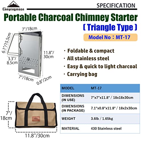 camping moon Charcoal Chimney Starter Collapsible Foldable Grill Chimney Stainless Steel MT-17 (Triangle Charcoal Chimney Starter MT-17)