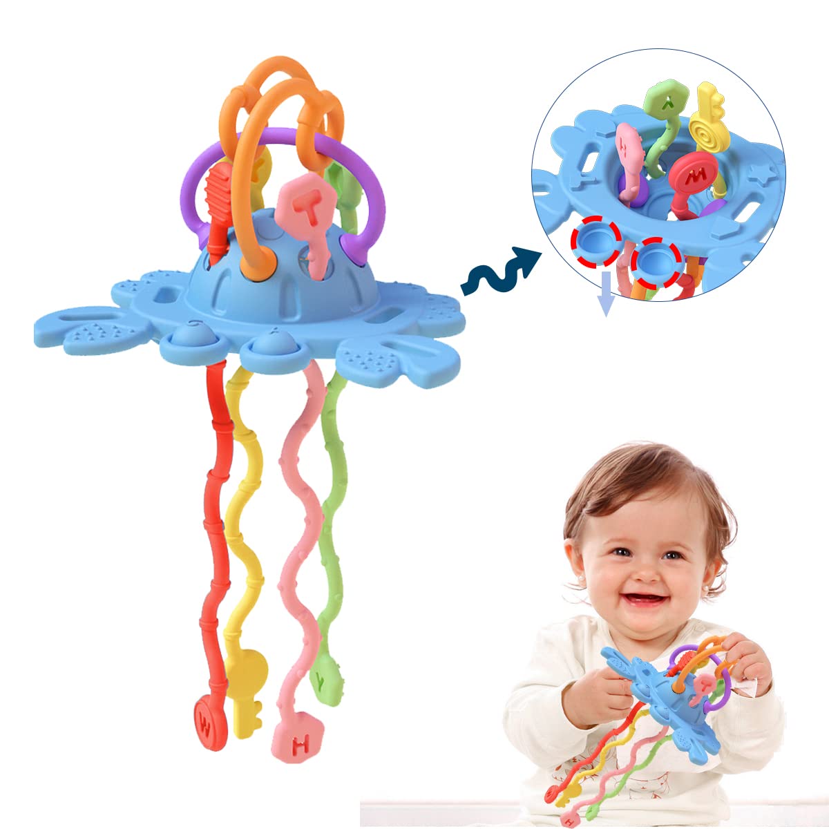 KOESMG Baby Silicone Pull String Activity Toys with Press Dimple, Montessori Sensory Interactive Early Educational Toy for Leaning, Baby Preschool Toys for 18 Months+ Boys or Girls