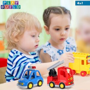 Liberty Imports 4-Pack City Vehicles Transportation Set, Big Building Blocks Compatible with Lego DUPLO - Includes Police Car, Fire Truck, School Bus, Motorcycle Toys for Kids, Toddlers