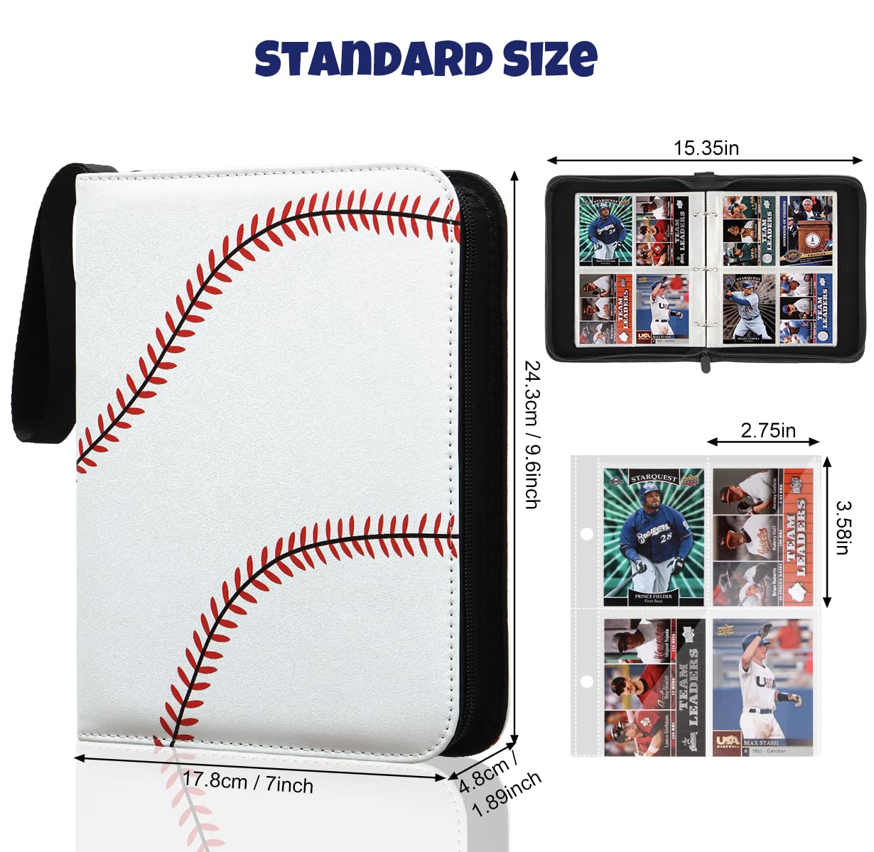 MIXPOET Baseball Card Binder with Zipper, 4 Slots - Fit 400 Cards, Waterproof Card Album Holder Protectors Storage Book Fit Football, Baseball, Sport Cards and Other Trading Cards (White Stitches)