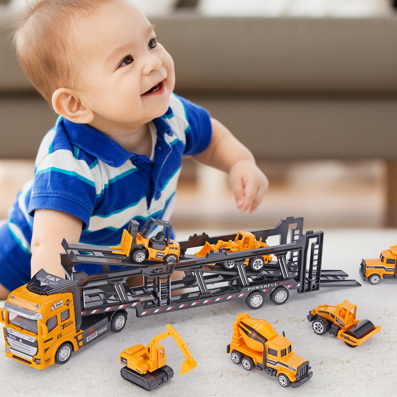 Crelloci 7 in 1 Construction Truck Toys, Die-cast Pull Back Transport Car Carrier, Detachable Metal Car Hauler, Tractor Excavator Play Vehicle Set for Kids Boys 3 4 5 Years Old