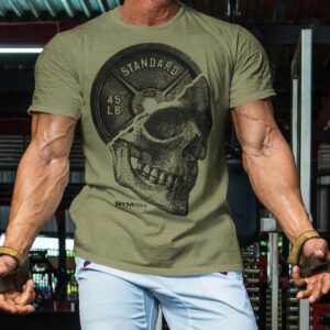 Gymish Lifestyle Skull Plate Gym Shirt, Work Out Deadlift Skull T-Shirt for Men (LG, SkullPlate Military Green)