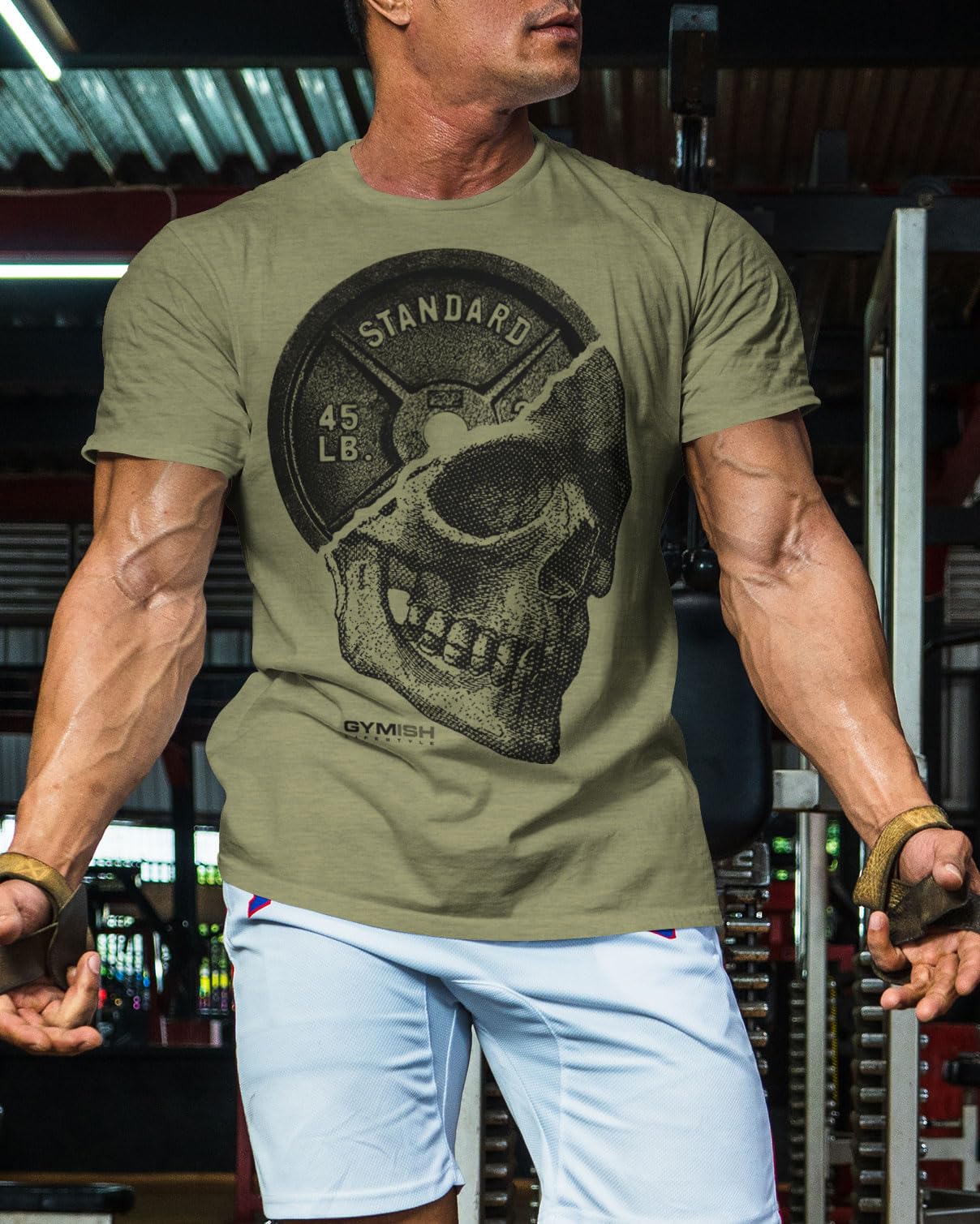 Gymish Lifestyle Skull Plate Gym Shirt, Work Out Deadlift Skull T-Shirt for Men (LG, SkullPlate Military Green)