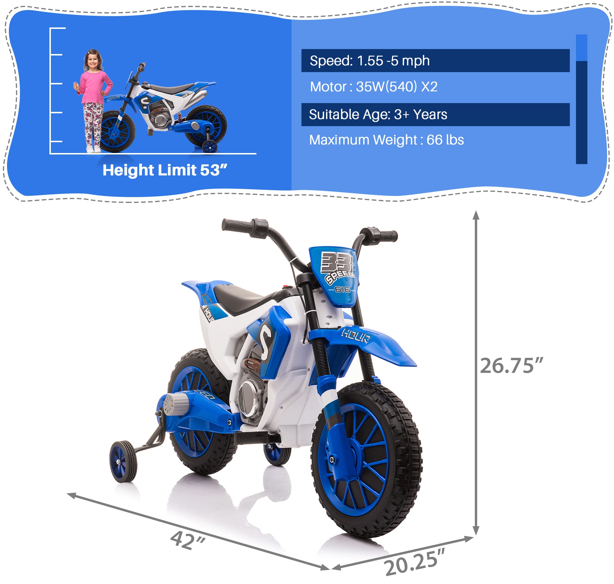 TOBBI Kids Motorcycle Dirt Bike 12V Electric Motorcycles Ride on Toys Battery Powered Motorbike Off-Road Motocross for Toddler Boys Girls 3+Years w/ 2 Speeds, 35W Dual Motors, Training Wheels, Blue