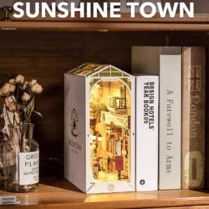 Rowood Book Nook Kits for Adults Bookshelf Insert Decor Alley 3D Wooden Puzzle Bookend DIY Craft Kits for Adults with LED Light - Sunshine Town