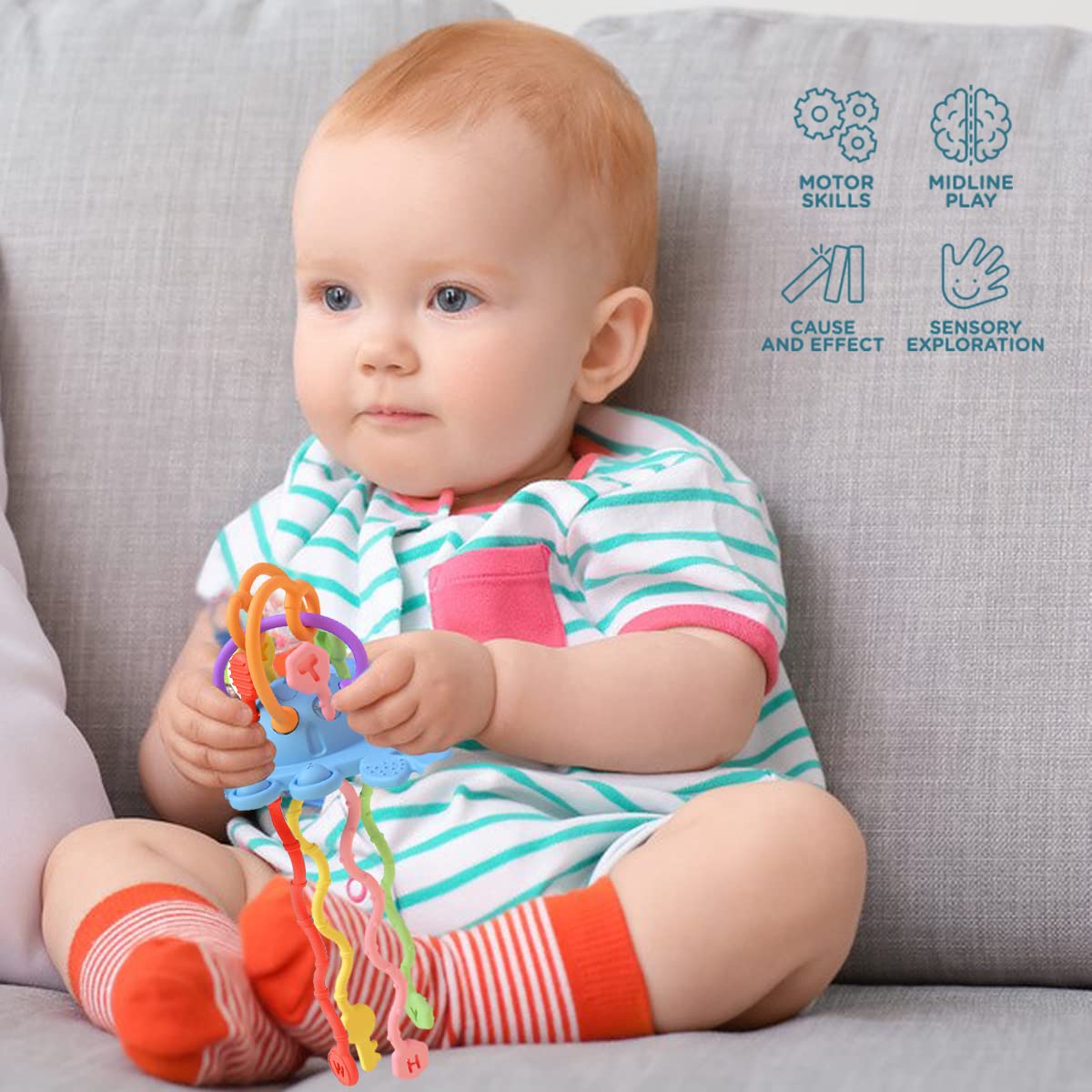 KOESMG Baby Silicone Pull String Activity Toys with Press Dimple, Montessori Sensory Interactive Early Educational Toy for Leaning, Baby Preschool Toys for 18 Months+ Boys or Girls