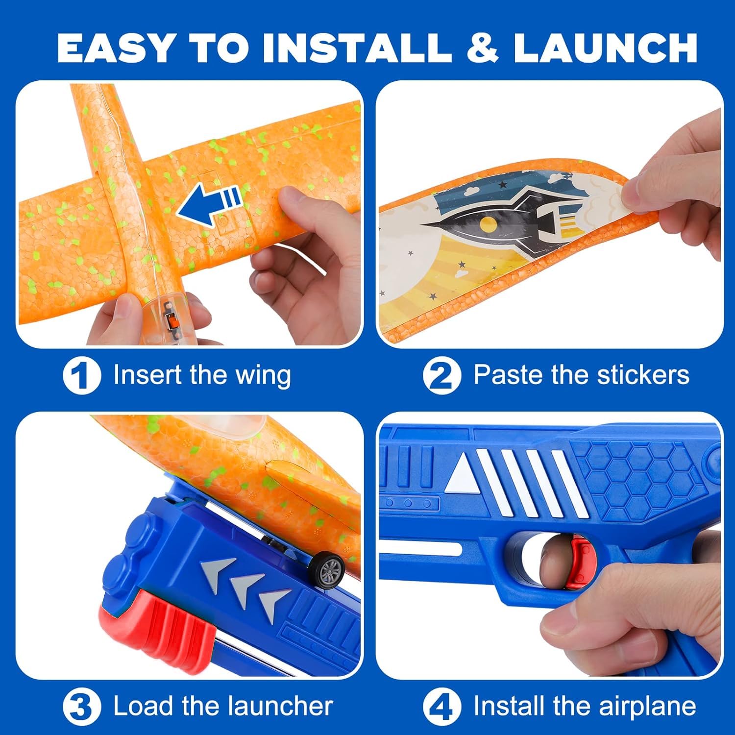 3 Pack Foam Airplane Launcher Toy with 3 DIY Stickers, 12.6" Glider Led Plane, Catapult Plane Boy Toys, Outdoor Sport Flying Toys for Kids Birthday Gifts for 4 5 6 7 8 9 10 11 12 Year Old Boys Girls